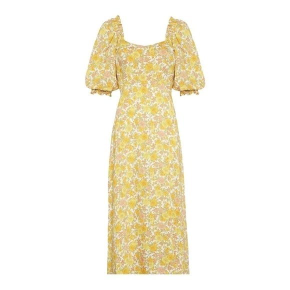 NWT FAITHFULL THE BRAND Juniper Yellow Floral Puff Sleeve Midi Dress US 2/ XS - Picture 8 of 9